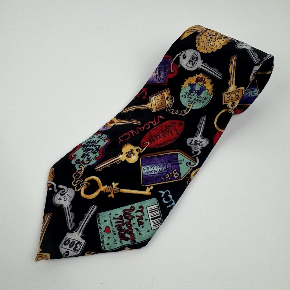 VTG Nicole Miller Motel Key Print Silk Necktie Novelty Tie Black 1993 - Picture 2 of 9